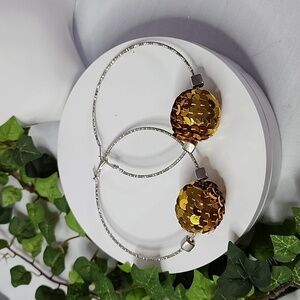 Large Silver Statement Hoop Earrings with Gold Sequin Disco Ball New